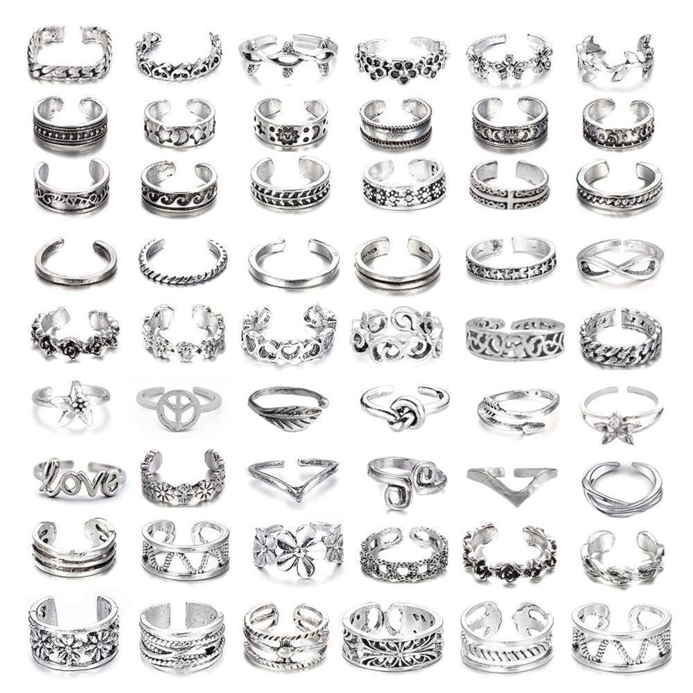 Silver Adjustable Boho Open Toe Rings - Set of 54